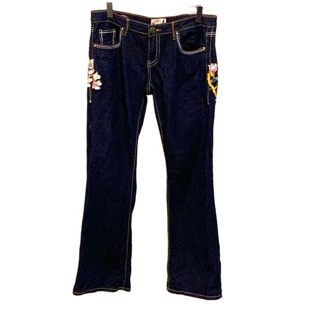 Ruthless Art NWOT Dark Blue Denim Low-Rise Embroidered Bootcut Jeans Sz 13/31